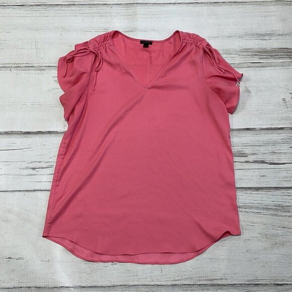 Ann Taylor Blouse V-Neck Synched Shoulders Bubble Gum Pink Size Large L - Picture 10 of 16
